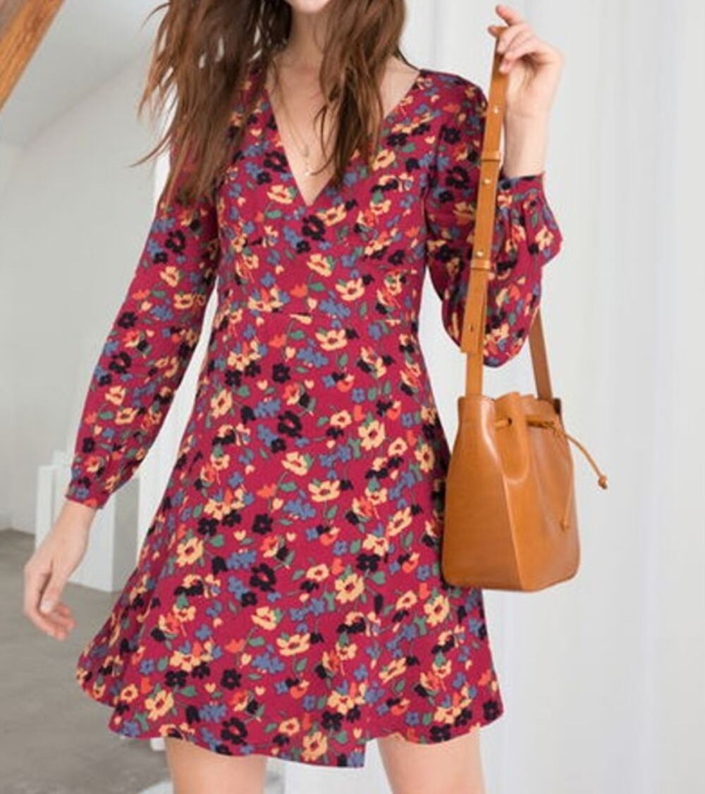 & Other Stories Red Floral Print Skater Mini Dress Size 4